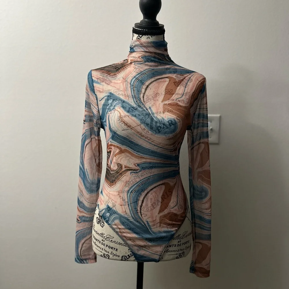 Marble Print Long Sleeve Turtleneck Bodysuit - Picture 2 of 3